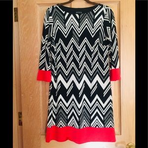 Black & white chevron striped dress with coral